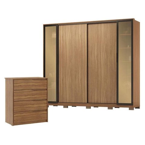 Cômoda Átria e Guarda Roupa Casal Laredo Amêndola Touch Nude Prime Flex com Portas de Vidro
