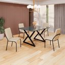 Ver imagem 1 de Conjunto Sala de Jantar Mesa 120x90cm Base Império Tampo MDF Laca com Vidro Malibu Preto/Creme
