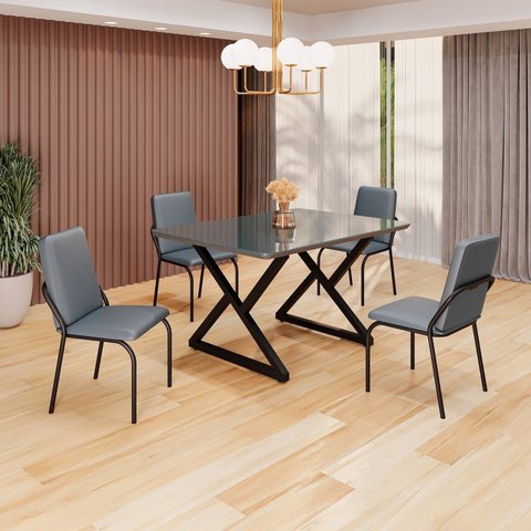 Conjunto Sala de Jantar Mesa 120x90cm Base Império Tampo MDF Laca com Vidro Malibu Preto/Grafite
