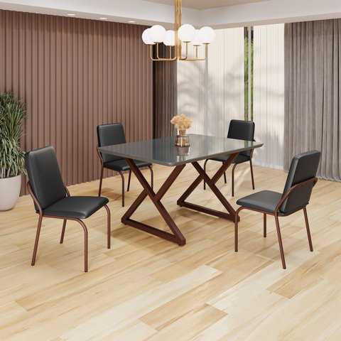 Conjunto Sala de Jantar Mesa 120x90cm Base Império Tampo MDF Laca com Vidro Malibu Marrom/Preto