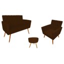 Ver imagem 1 de Kit Namoradeira + 1 Poltrona Decorativa Nina Capitonê + Puff Redondo Couro Marrom Pés Madeira Mz Dec