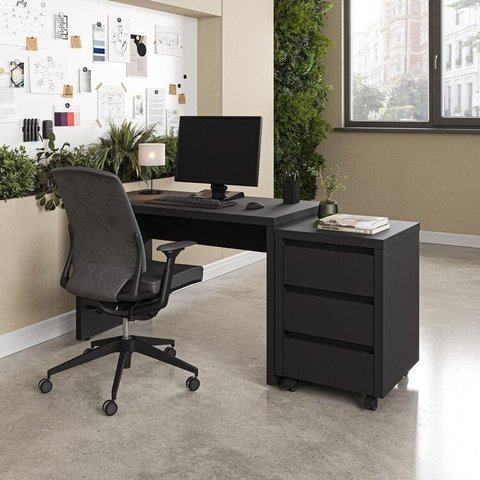 Escrivaninha Mesa Escritório com Gaveteiro com Rodízio Ficus 170cm CabeCasa MadeiraOriginals Preto
