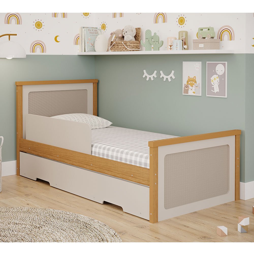 Bicama Solteiro Bela Nature/Off White com proteção lateral e cama auxiliar - 100% MDF - Cimol - 2