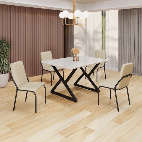Conjunto Sala de Jantar Mesa 120x90cm Base Império Tampo MDF Laca com Vidro Malibu Preto/Creme