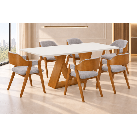 Sala de Jantar 6 Cadeiras Mesa 2,20x1,10 Europa - Imperial:Linho Cinza