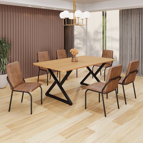 Conjunto Sala de Jantar Mesa 160x90cm Base Império Tampo MDF Malibu Preto/Marrom