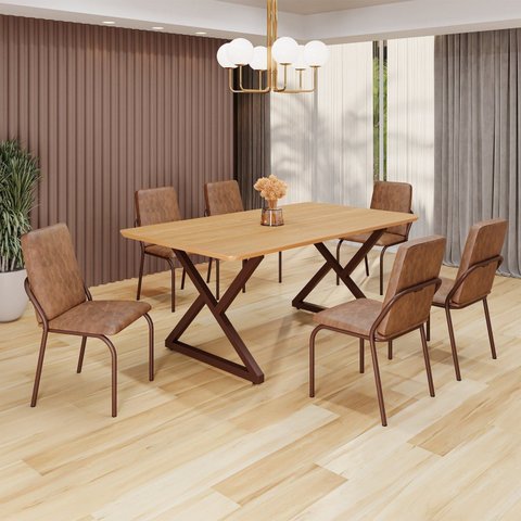 Conjunto Sala de Jantar Mesa 160x90cm Base Império Tampo MDF Malibu Marrom