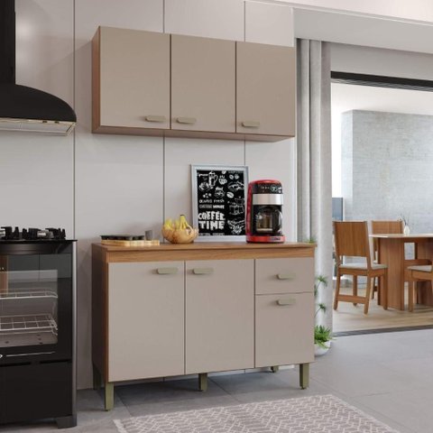 Armário de Cozinha Modulada Compacta Mariana 6 Portas 1 Gaveta MDP 120cm Freijó-Camurça Fidelita
