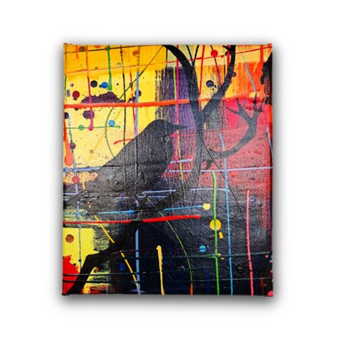 Mini Quadro Único Decorativo de Pássaro Preto em Fundo Abstrato Pintado a Mão Artesanal