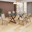 Ver imagem 1 de Conjunto Sala de Jantar Mesa 160x90cm Base Império Tampo MDF Laca com Vidro Malibu Marrom/Creme