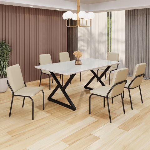 Conjunto Sala de Jantar Mesa 160x90cm Base Império Tampo Mdf Laca com Vidro Malibu