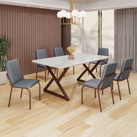 Conjunto Sala de Jantar Mesa 160x90cm Base Império Tampo MDF Laca com Vidro Malibu Marrom/Grafite