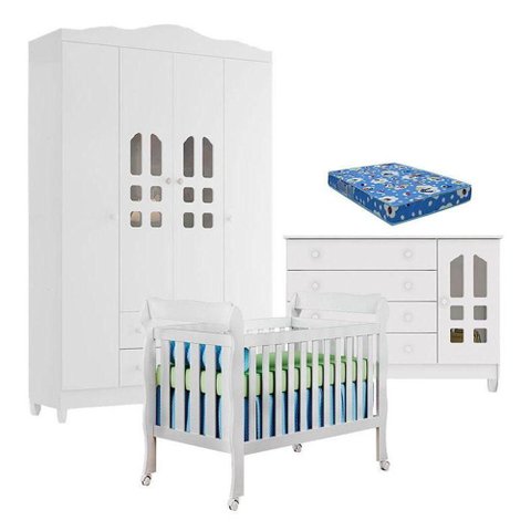 Quarto de Bebê New Selena 4 Portas com Berço Lila e Cômoda Gran Selena Branco Brilho e Colchão