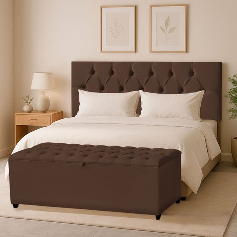 Cabeceira Solteiro Paris Estofada Painel com Recamier Baú 80cm para Cama Box Marrom - Arkell