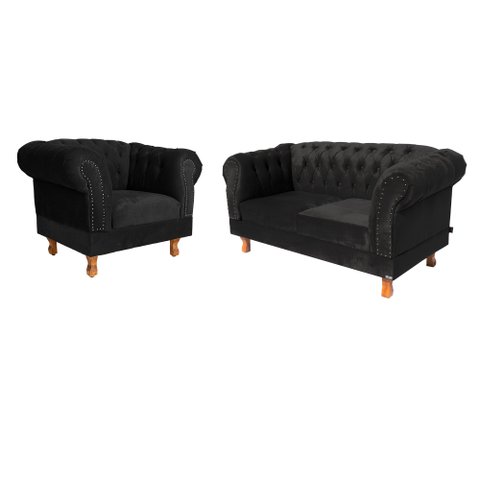 Conjunto Sofá Namoradeira Chesterfield Capitone Suede Preto Decorativa / Sala, Tv, Estar, Recepção