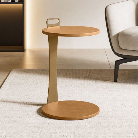 Mesa Lateral Redonda para Sala Living Orby L06 Couro Camel - Lyam Decor