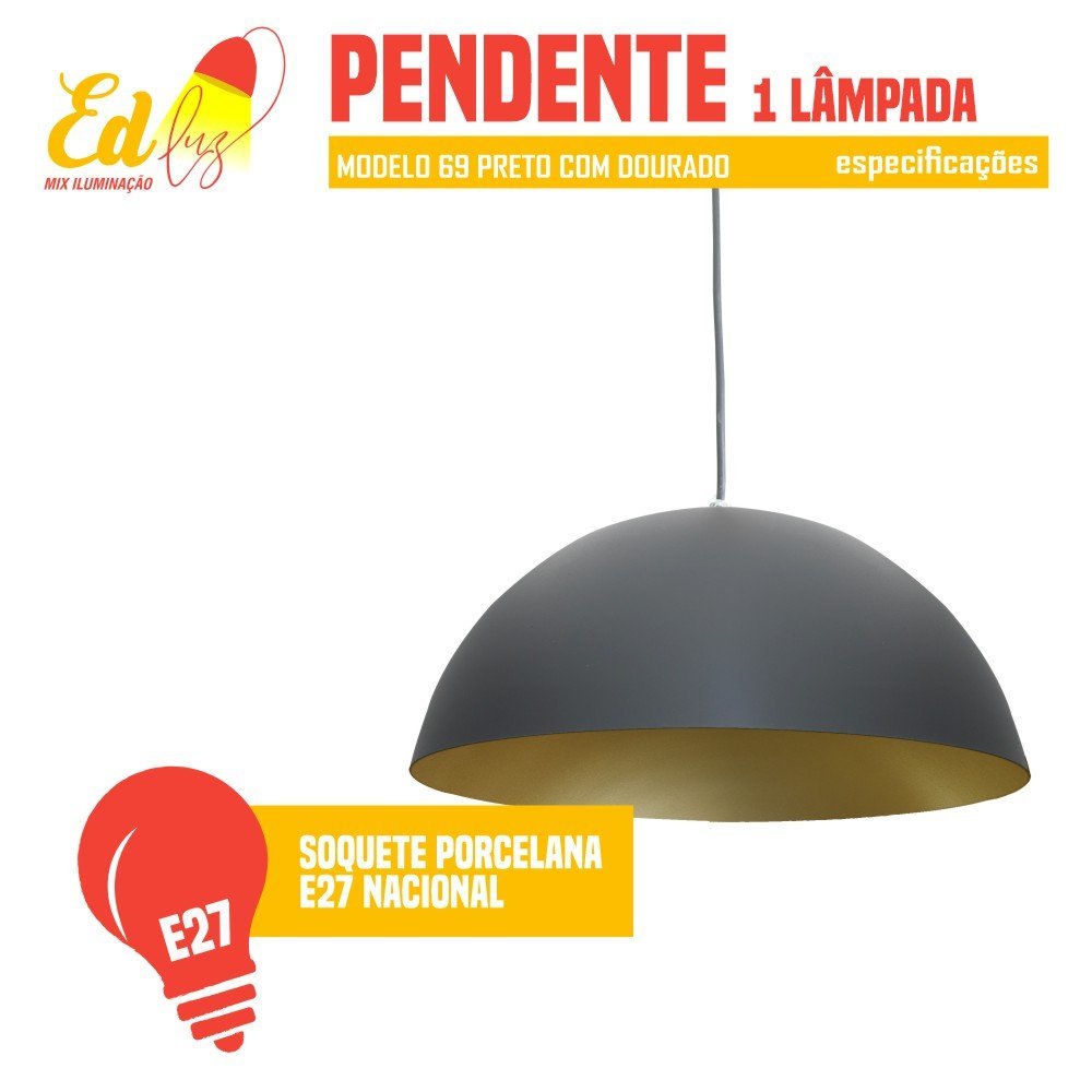 3/3 Pendente Meia Lua 30cm Luminária Alumínio Preto Textura com Dourado - 3