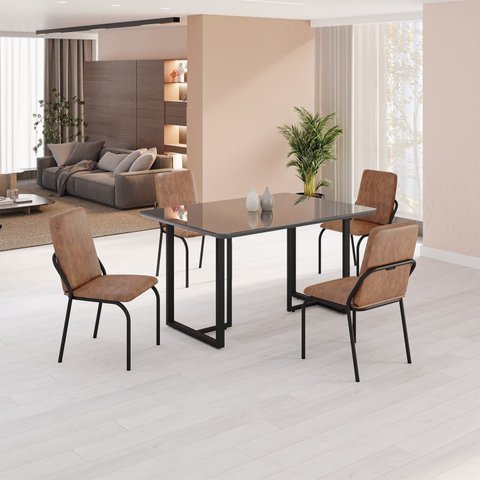 Conjunto Sala de Jantar Mesa 120x90cm Base Lunna Tampo MDF com Vidro Malibu Preto/Marrom