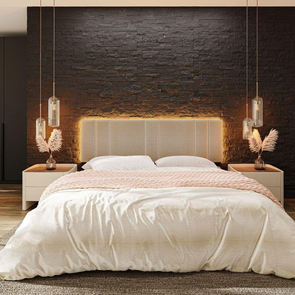 Cabeceira Estofada Iluminação Led Glow Cama King Size 200cm Linho Bege - 4