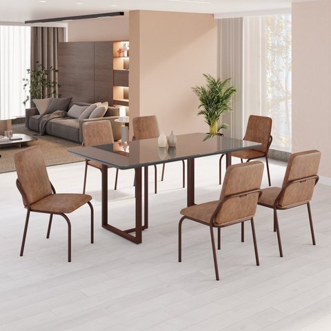 Conjunto Sala de Jantar Mesa 160x90cm Base Lunna Tampo MDF Laca com Vidro Malibu Marrom
