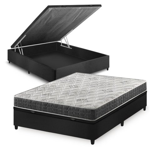 Cama Box Baú Casal Preto + Colchão Espuma D33 Ortopédico Zidi San Francisco 138x188x59cm
