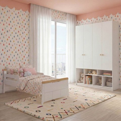 Quarto Infantil Cama com Grades Petit e Guarda Roupa Curió 4 Portas Casatema MadeiraOriginals Branco