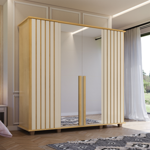 Guarda-Roupa Casal 4 Portas 2 Portas com Espelho Detalhe Ripado 3 Gavetas Internas 8 Pés Holanda Bege/Cinamomo/Off White
