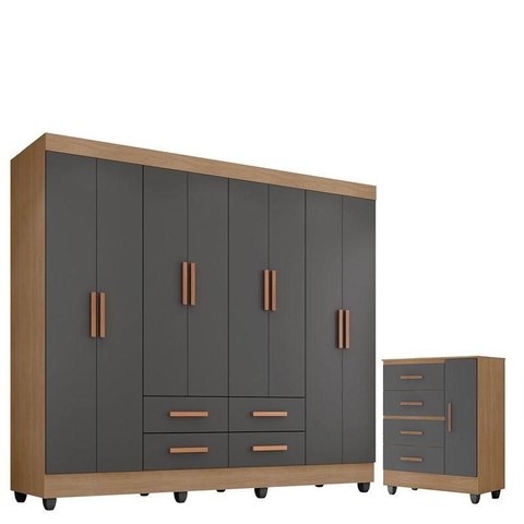 Guarda Roupa Casal Porto Com cômoda Lite 4 Gavetas 01 Porta Nature Cinza – Móveis Leão