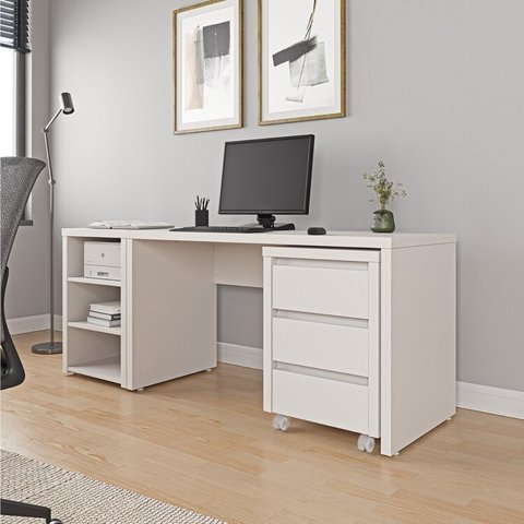 Escrivaninha Mesa Escritório com Gaveteiro com Rodízio e Prateleiras Ficus 135cm CabeCasa MadeiraOriginals Branco