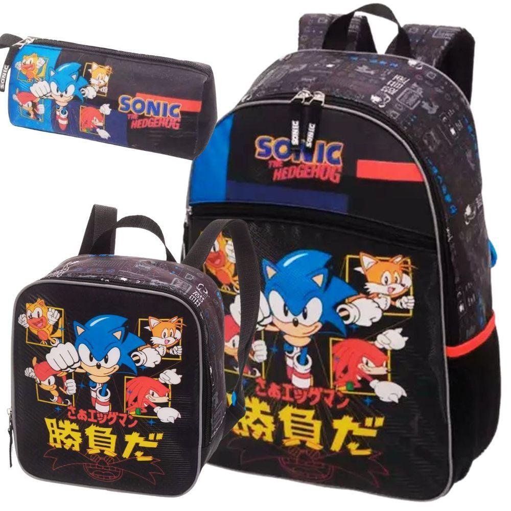 Kit Mochila Costas Lancheira Estojo Simples Infantil Escolar Menino Sonic Tails Go Fast