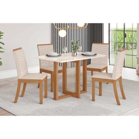 Conjunto Mesa de Cozinha Natalí com Tampo Madeirado com Vidro Reto 120x80cm e 4 Cadeiras Isa Nature