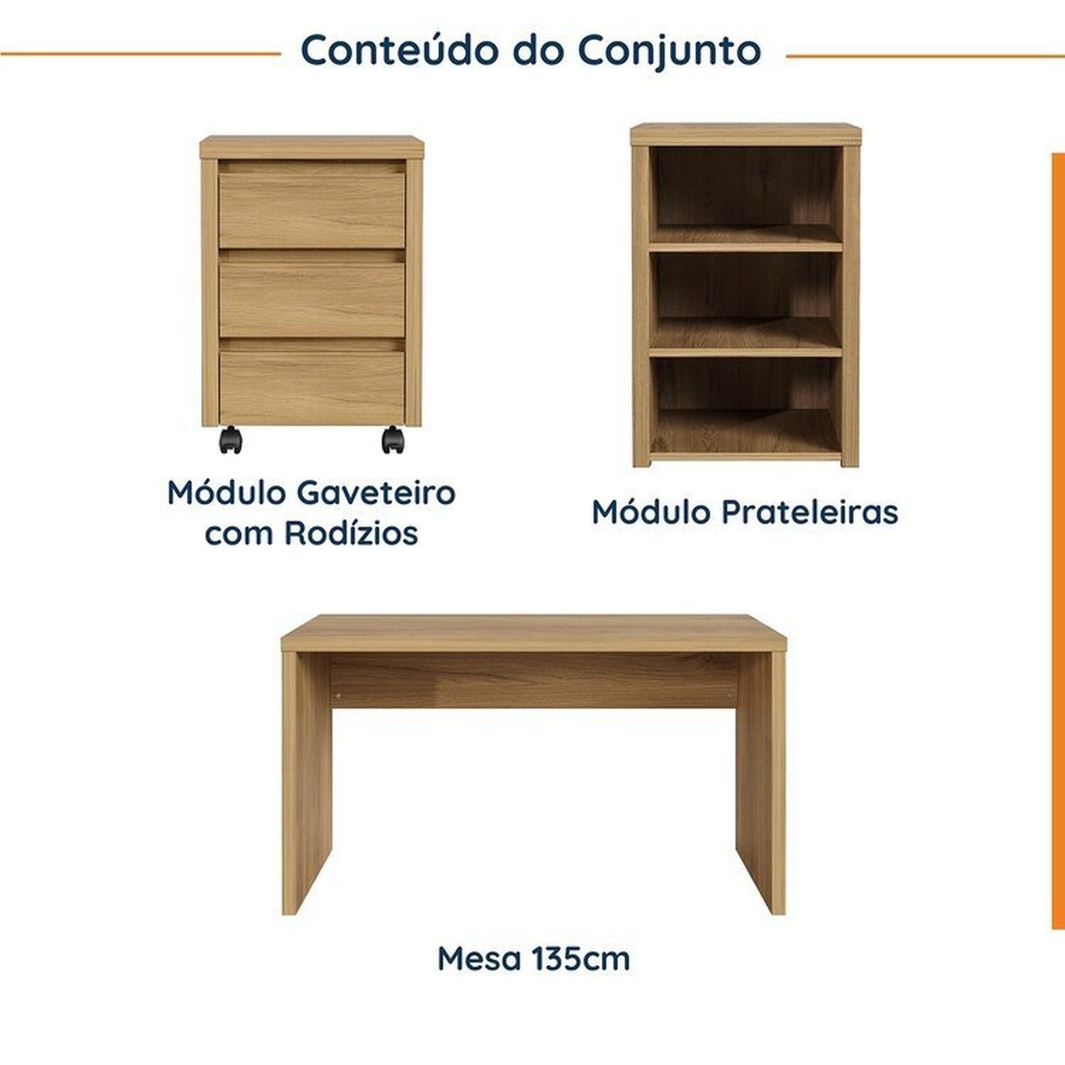 Mesa de Escritório 135cm com Gaveteiro com Rodízio e Prateleiras Ficus Cabecasa Madeiramadeira - 2