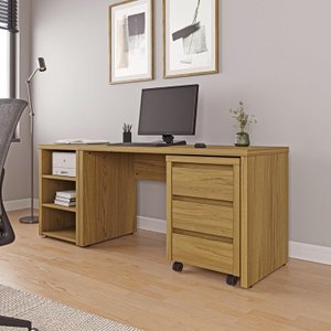 Mesa de Escritório 135cm com Gaveteiro com Rodízio e Prateleiras Ficus CabeCasa MadeiraMadeira