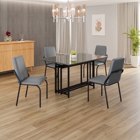 Conjunto Sala de Jantar Mesa 120x90cm Base Pérola Tampo MDF com Vidro Malibu Preto/Grafite