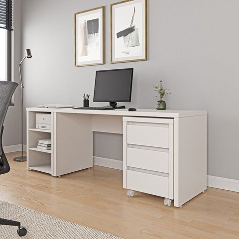 Escrivaninha Mesa Escritório com Gaveteiro com Rodízio e Prateleiras Ficus 200cm CabeCasa MadeiraOriginals Branco