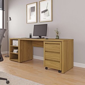 Mesa de Escritório 200cm com Gaveteiro com Rodízio e Prateleiras Ficus Cabecasa Madeiramadeira
