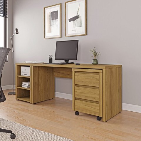 Escrivaninha Mesa Escritório com Gaveteiro com Rodízio e Prateleiras Ficus 200cm CabeCasa MadeiraOriginals Rovere