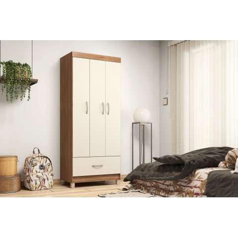 Guarda-roupa Prince 3 Portas 1 Gaveta em Mdp com Cabideiro Amêndola Touch/off White | Liberty Móveis