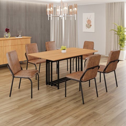 Conjunto Sala de Jantar Mesa 160x90cm Base Pérola Tampo MDF Malibu Preto/Marrom/Fosco/Cinamomo