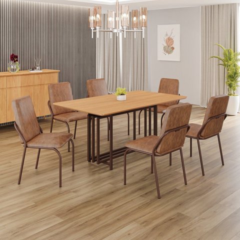 Conjunto Sala de Jantar Mesa 160x90cm Base Pérola Tampo MDF Malibu Marrom/Cinamomo