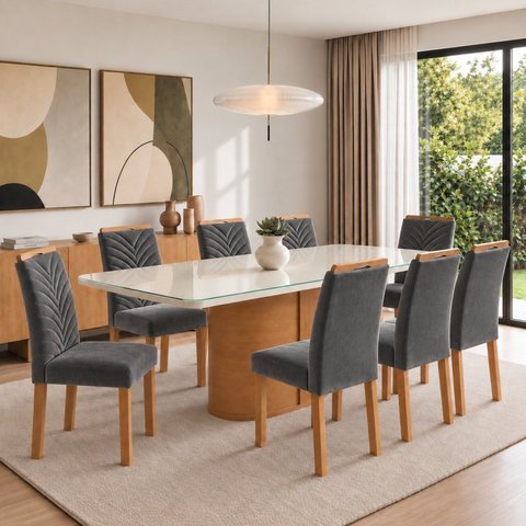 Conjunto Sala de Jantar 8 Lugares Retangular Tampo Vidro/MDF 200x90cm Mesa Diana e Cadeiras Carol