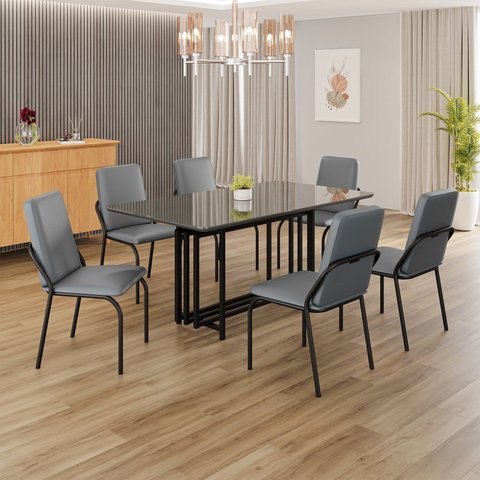 Conjunto Sala de Jantar Mesa 160x90cm Base Pérola Tampo MDF com Vidro Malibu Preto/Grafite