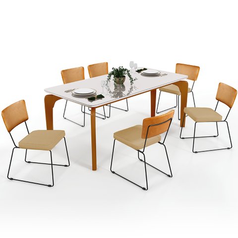 Mesa Capri 160cm Off White E 6 Cadeiras Allana B05 Couríssimo Whisky Linho Bege Escuro - Lyam