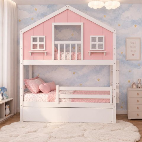 Treliche Casinha Dos Sonhos com Varanda e Grade Proteção Madeira Maciça Rosa | Branco Housin