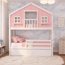Ver imagem 1 de Treliche Casinha Dos Sonhos com Varanda e Grade Proteção Madeira Maciça Rosa | Branco Housin