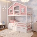 Ver imagem 2 de Treliche Casinha Dos Sonhos com Varanda e Grade Proteção Madeira Maciça Rosa | Branco Housin
