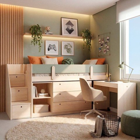 Cama Elevada com Escrivaninha, Armário e Cômoda MDF Artsy Casatema MadeiraOriginals Natural/Verde