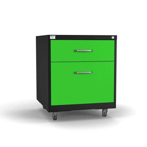 Gaveteiro de Aço 2 Gavetas com Chave e Rodízios com Trava e Gaveta p/Pasta Suspensa Verde/Preto