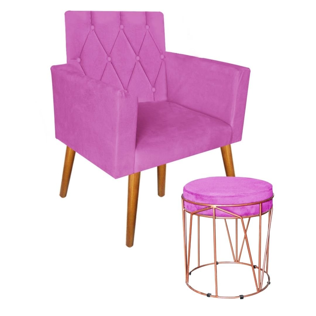 Poltrona Decorativa Thais Capitonê e Puff Aramado Suede Pink - Móveis Mafer - 1