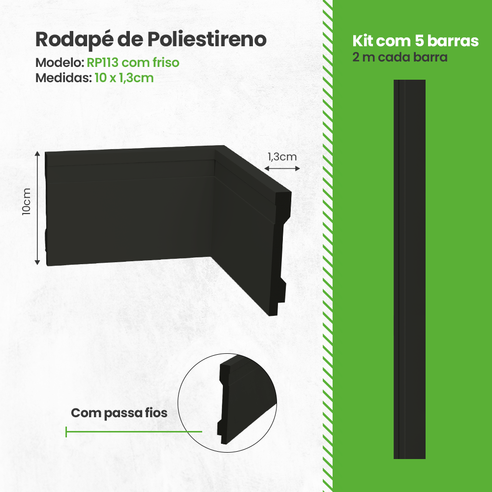 Rodapé de Poliestireno Frisado 20 Barras Preto Altura 10x1,3cm 40 Metros